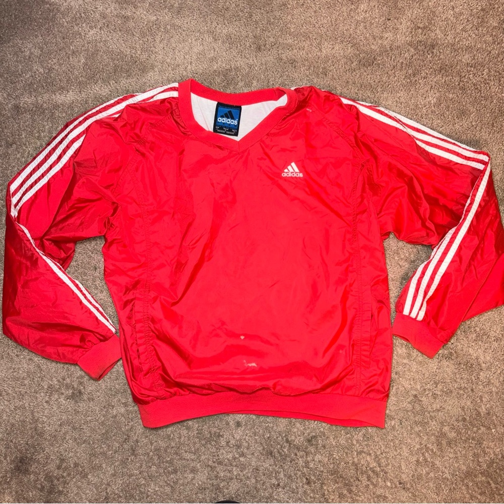 Vintage Adidas Red Windbreaker Pullover 3 Stripe Y2K Streetwear Jacket L